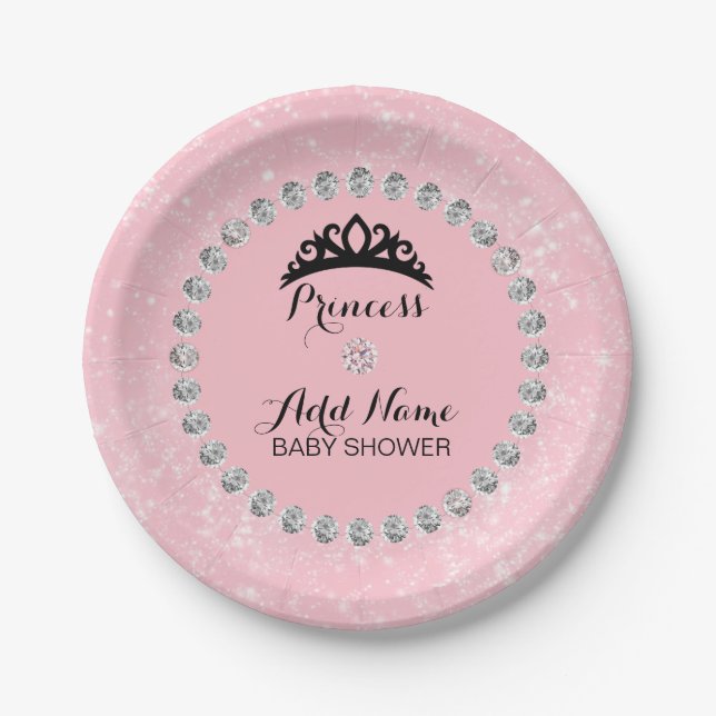 Personalized Pink Girl Princess Baby Shower Paper Plates (Front)