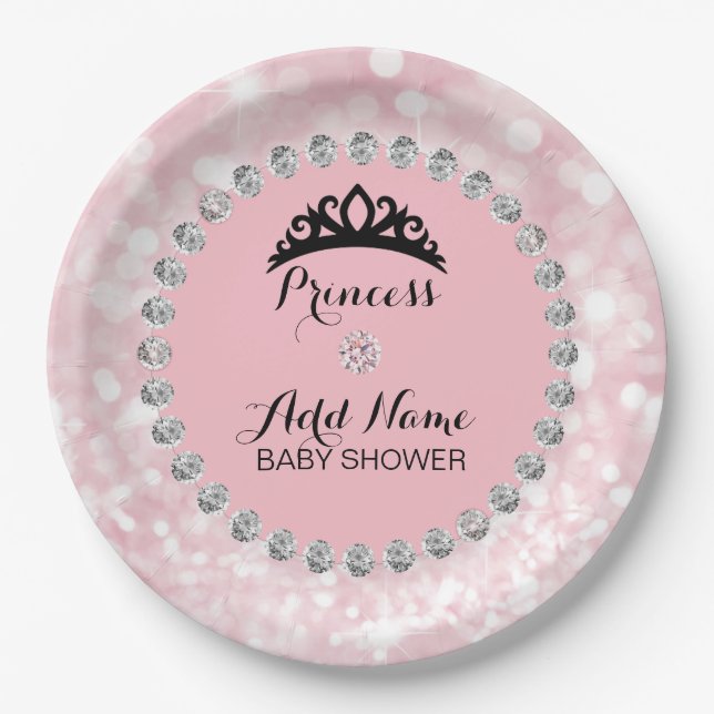 Personalized Pink Girl Princess Baby Shower Paper Plates (Front)
