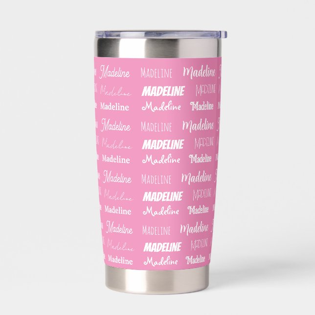 Personalized Pink Girls Name Font Collage Cute Insulated Tumbler (Left)