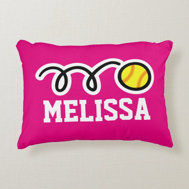 Personalized pink girls pillow with cute softball (Front)