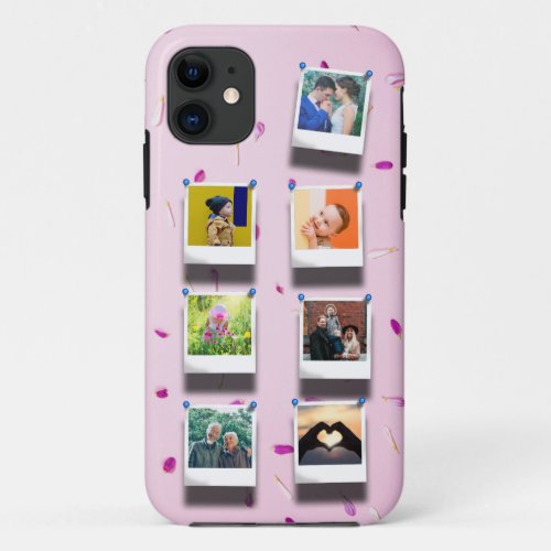 Personalized Pink Girly Petals 7 Photo Collage iPhone 11 Case