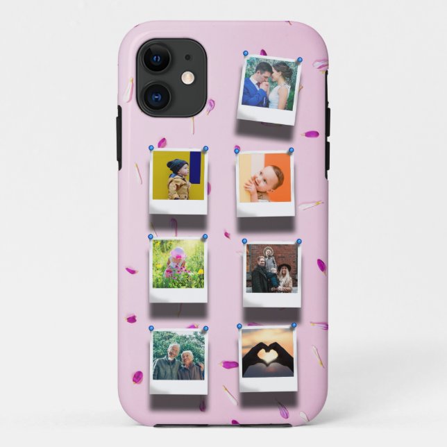 Personalized Pink Girly Petals 7 Photo Collage Case-Mate iPhone Case (Back)