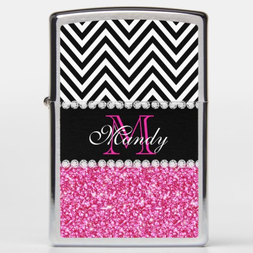 Personalized Pink Glitter Black Chevron Monogram Zippo Lighter