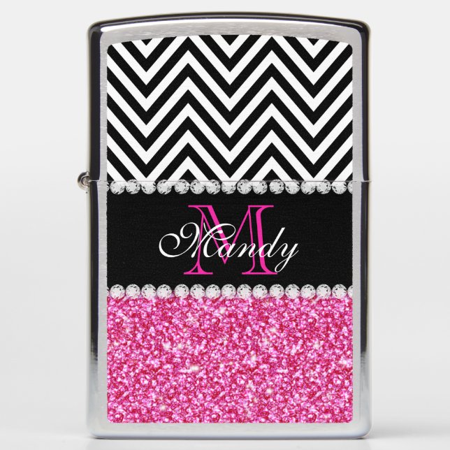 Personalized Pink Glitter Black Chevron Monogram Zippo Lighter (Front)