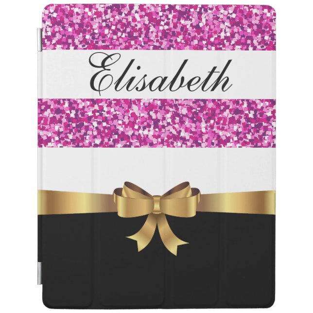 Personalized pink glitter Black  white Stripes BOW iPad Smart Cover (Front)