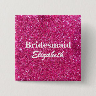 Personalized Pink Glitter Bridesmaids Wedding Button