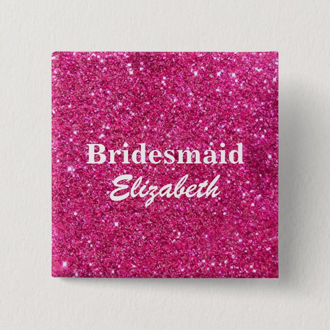 Personalized Pink Glitter Bridesmaids Wedding Button (Front)