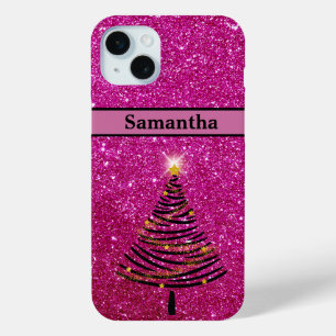 Personalized Pink Glitter Christmas Tree iPhone 15 Plus Case