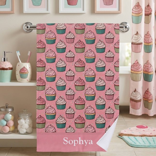Personalized Pink Glitter Cupcake Beach Towel (Creator Uploaded)