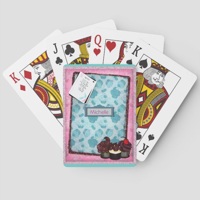 Personalized Pink Glitter Cupcake Playing Cards (Back)