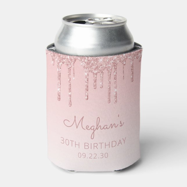 Personalized Pink Glitter Drip 30th Birthday Can Cooler (Can Front)