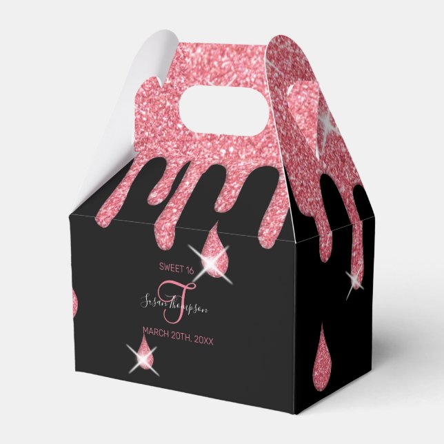 Personalized Pink Glitter Effect Sparkles Birthday Favor Boxes (Front Side)