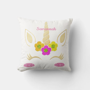 Personalized Pink Glitter Floral Unicorn Throw Pillow