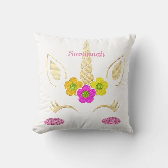 Personalized Pink Glitter Floral Unicorn Throw Pillow (Front)