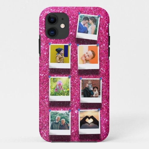 Personalized Pink Glitter Girly 7 Photo Collage iPhone 11 Case