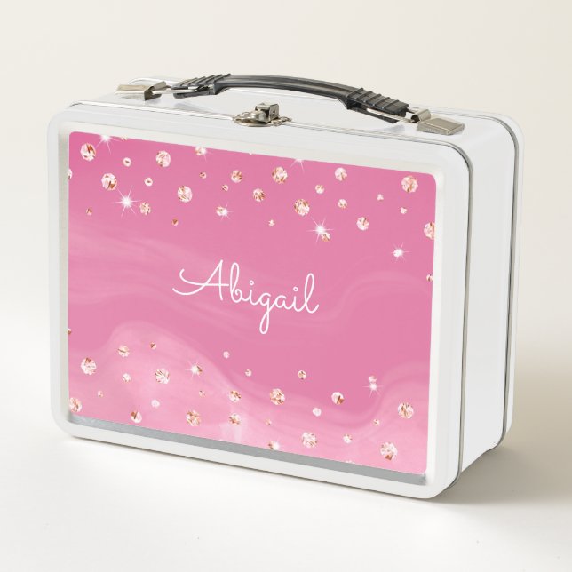Personalized Pink Glitter Girly Metal Lunch Box (Front)