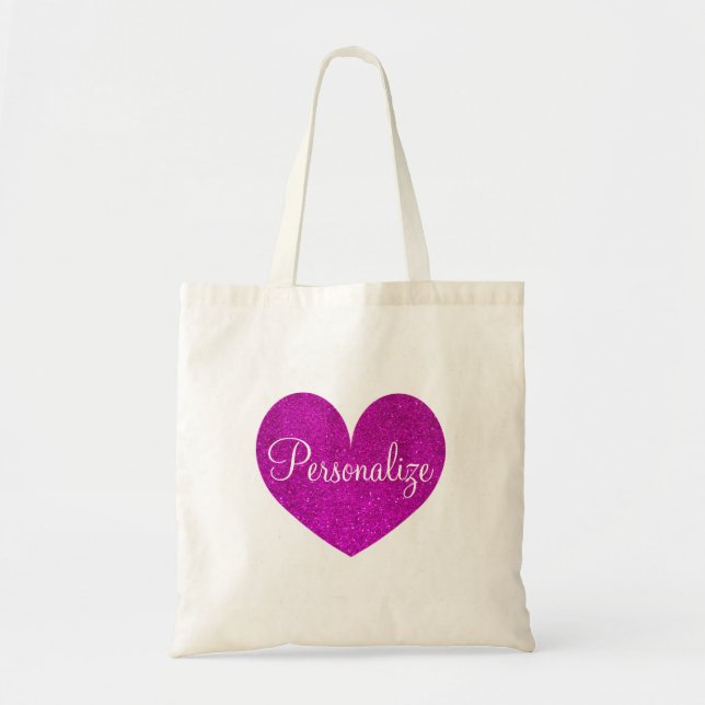Personalized pink glitter love heart tote bag (Front)