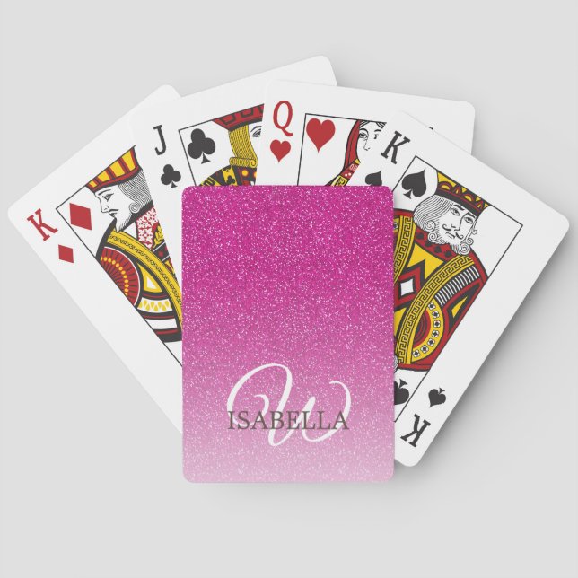 Personalized Pink Glitter Ombre Name Monogram Poker Cards (Back)