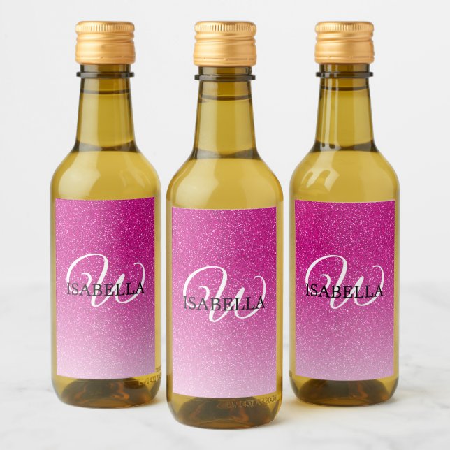 Personalized Pink Glitter Ombre Name Monogram Wine Label (Bottles)