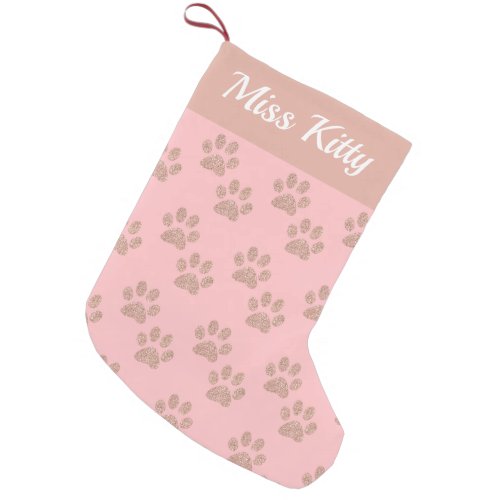 Personalized Pink Glitter Paw Print Pattern Pets Small Christmas Stocking