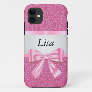 Personalized Pink Glitter Pink Bow iPhone 11 Case