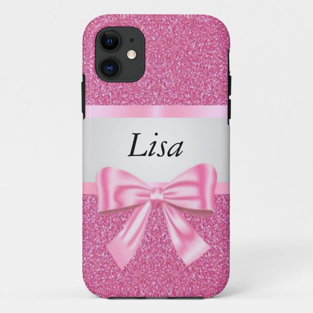 Personalized Pink Glitter Pink Bow Case-Mate iPhone Case (Back)