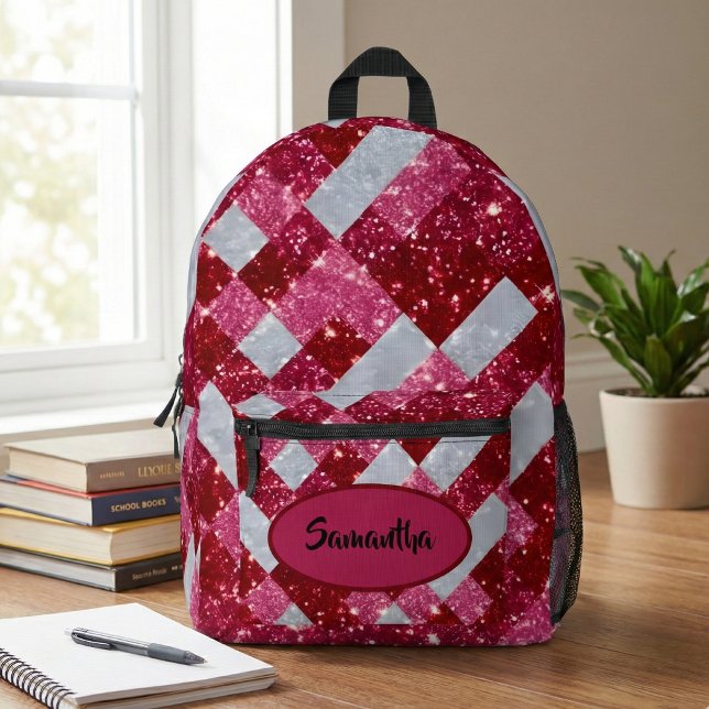 Personalized Pink Glitter Plaid Printed Backpack (Creator Uploaded)