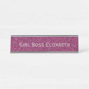Personalized Pink Glitter & Silver Girl Boss Funny Desk Name Plate