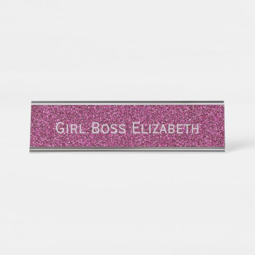 Personalized Pink Glitter  Silver Girl Boss Funny Desk Name Plate