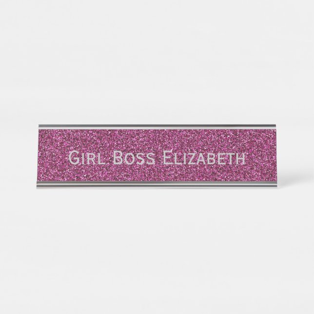 Personalized Pink Glitter & Silver Girl Boss Funny Desk Name Plate (Front)
