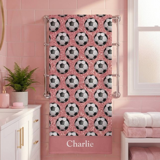 Personalized Pink Glitter Soccer Ball Beach Towel (Creator Uploaded)