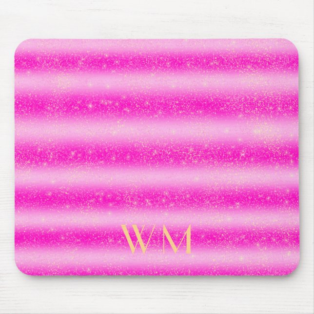 Personalized pink glitter stripes gold monogram  m mouse pad (Front)