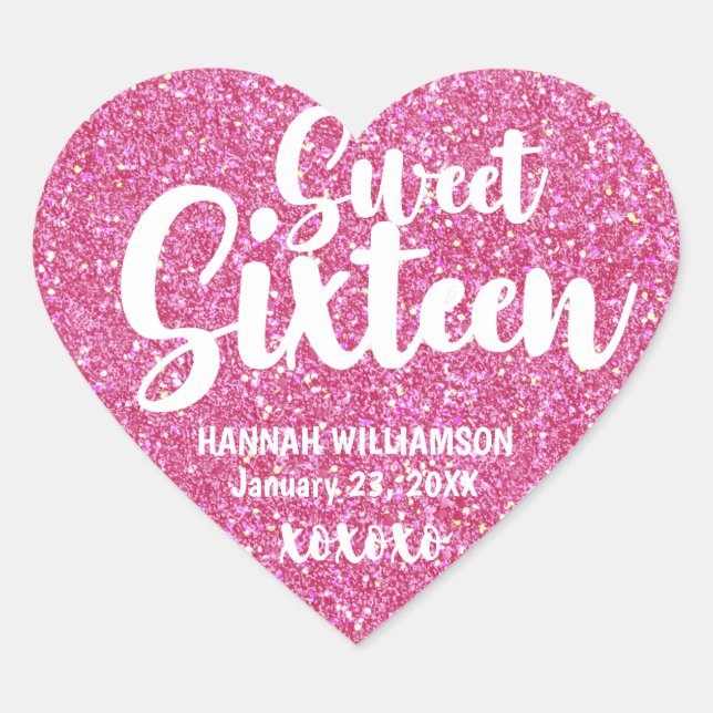 Personalized Pink Glitter Sweet Sixteen XOXOXO Heart Sticker (Front)