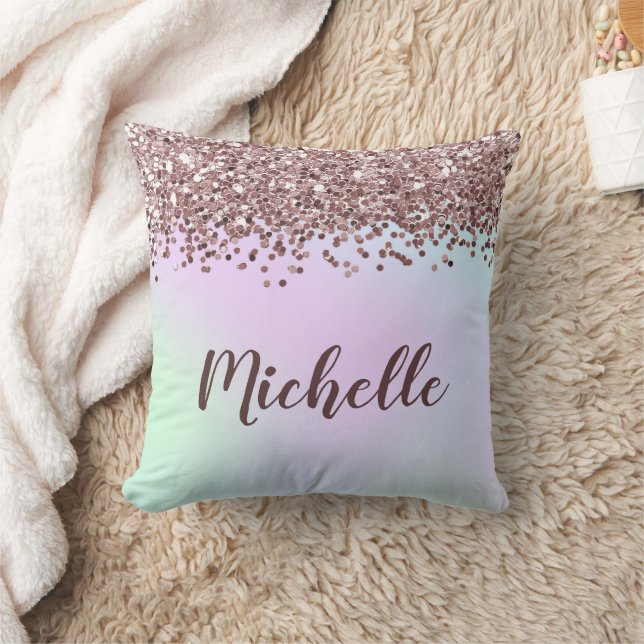 Personalized Pink Glitter Throw Pillow (Blanket)