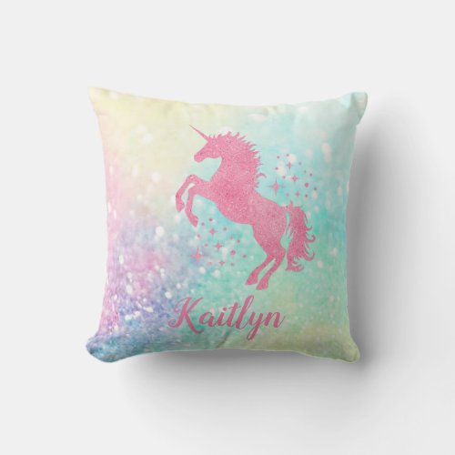 Personalized Pink Glitter Unicorn and Rainbow  Throw Pillow