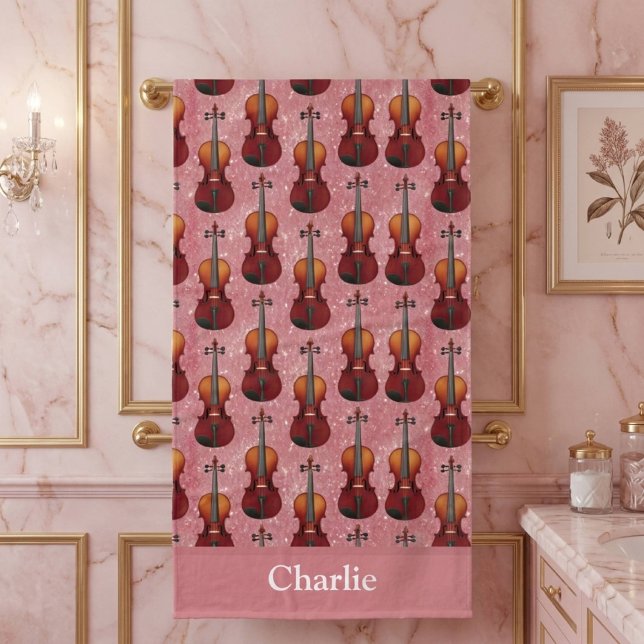 Personalized Pink Glitter Violin Bath Towel (Creator Uploaded)
