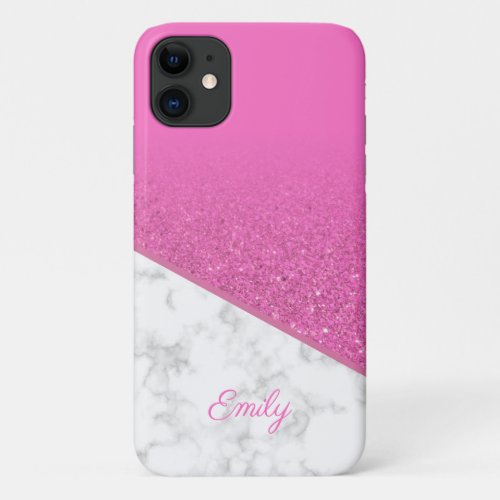 Personalized Pink Glitter _ White Marble iPhone 11 Case