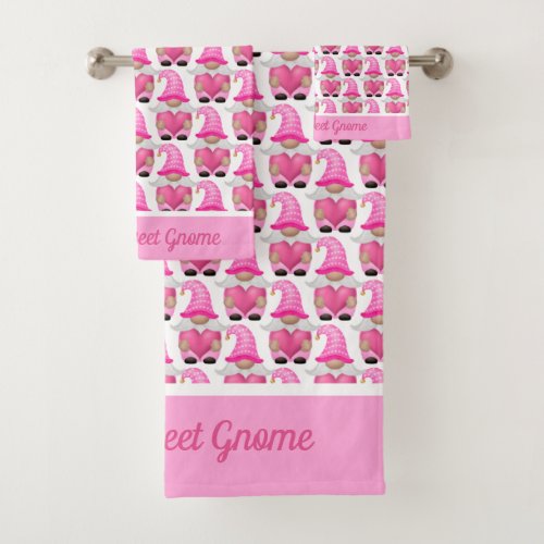 Personalized Pink Gnomes Hearts Woodland Whimsical Bath Towel Set