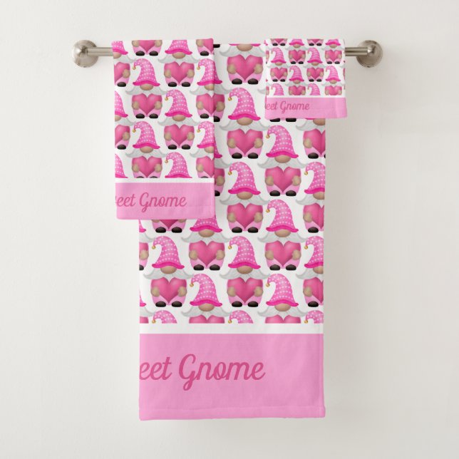 Personalized Pink Gnomes Hearts Woodland Whimsical Bath Towel Set (Insitu)