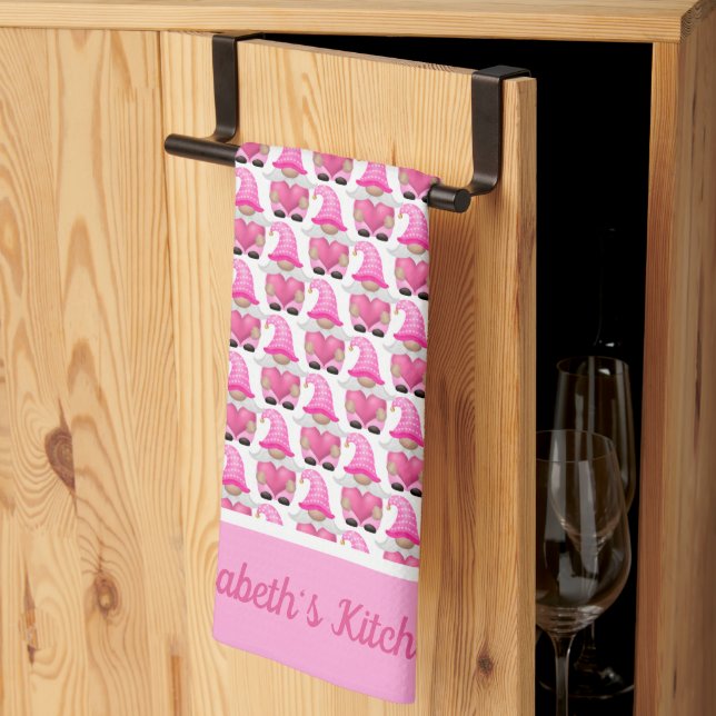 Personalized Pink Gnomes Hearts Woodland Whimsical Kitchen Towel (Thirds Fold)