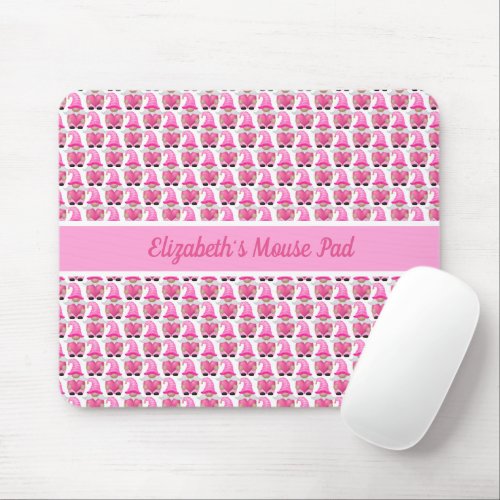 Personalized Pink Gnomes Hearts Woodland Whimsical Mouse Pad