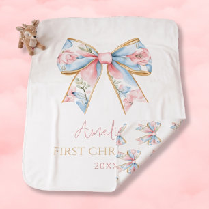 Personalized Pink Gold Bow Baby Girl 1st Christmas Blanket