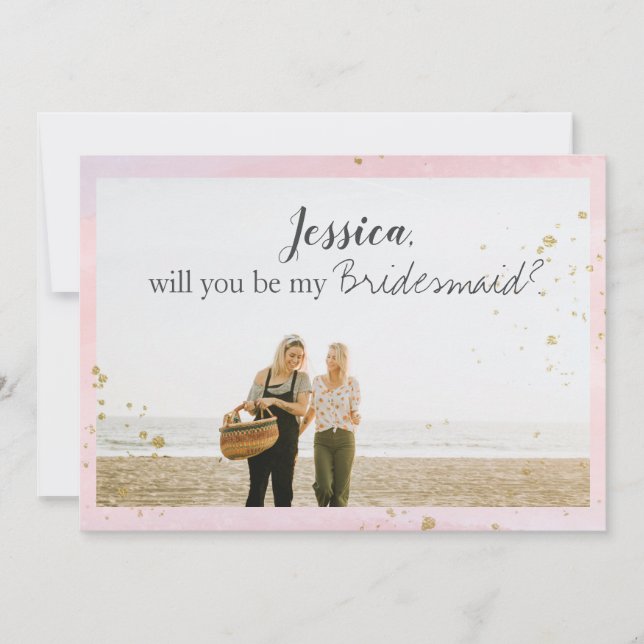[Personalized] Pink Gold Bridesmaid Proposal Photo Holiday Card (Front)