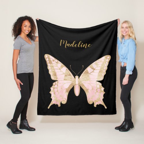 Personalized Pink  Gold Butterfly Fleece Blanket