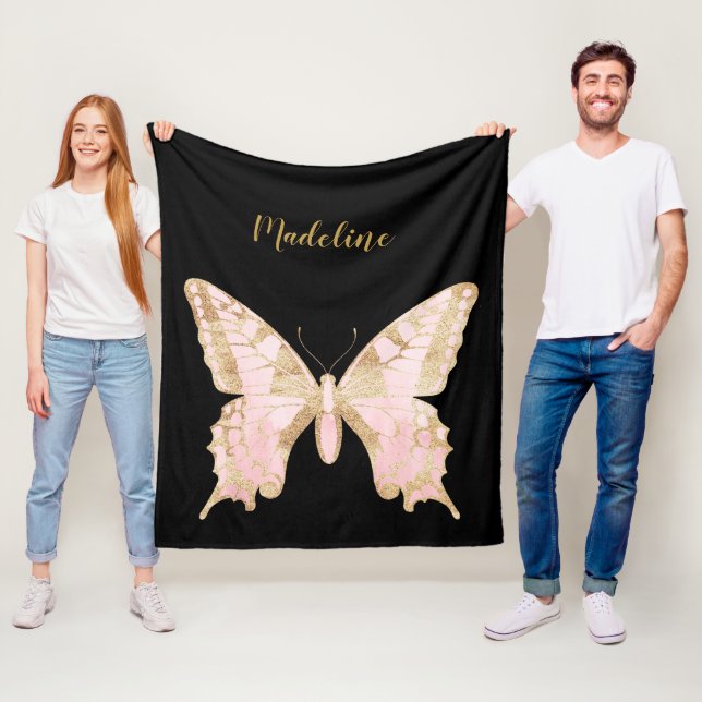 Personalized Pink & Gold Butterfly Fleece Blanket (In Situ)