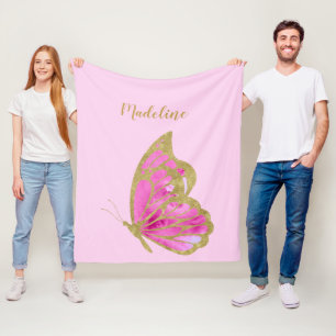 Personalized Pink & Gold Butterfly Fleece Blanket
