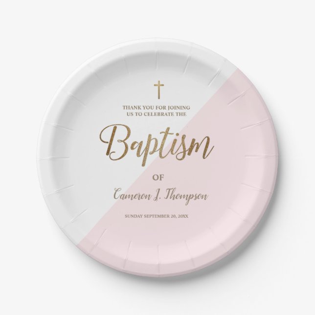 Personalized pink Gold Cross Baby Baptism custom  Paper Plates (Front)