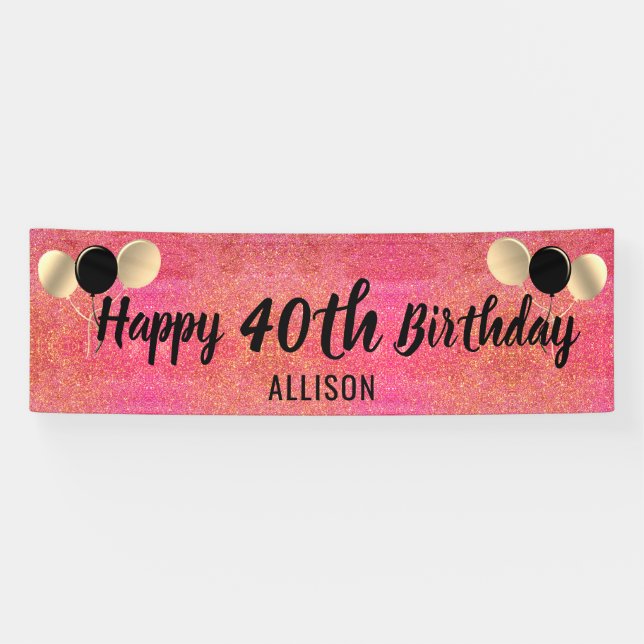 Personalized  Pink Gold Glitter 40th Birthday  Banner (Horizontal)
