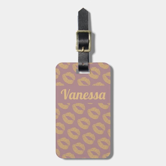 Personalized Pink Gold Glitter Lips Luggage Tag (Front Vertical)