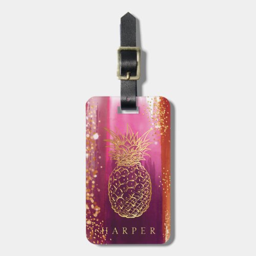 Personalized Pink Gold Glitter Pineapple Luggage Tag